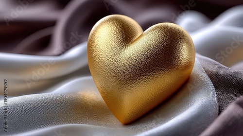 Gold Metallic Heart on Silk Fabric - Romantic Valentine's Day Concept