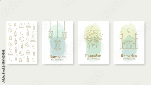Ramadan themed posters collection with lanterns and mosque illustrations in various colors and designs