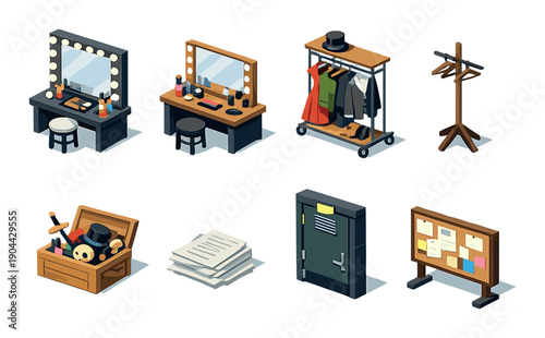 Theater props and costume set with makeup vanity, wardrobe, and stage accessories