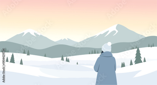 Person Looking at Sunset over Snowy Mountain Range