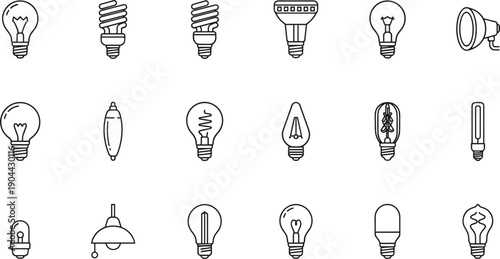 Light bulb icon set with energy lamp lighting ideas symbols outline vector collection for web ui apps