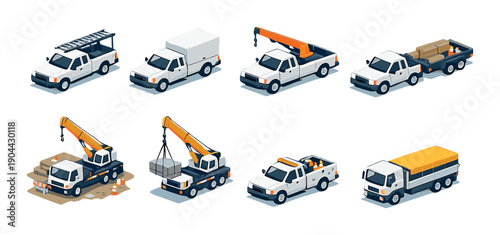 Isometric service trucks with cranes and cargo on gradient background