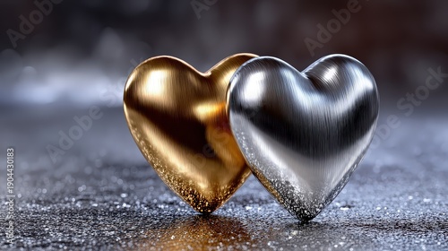 Two Metallic Gold and Silver Hearts for Romantic Valentine's Day