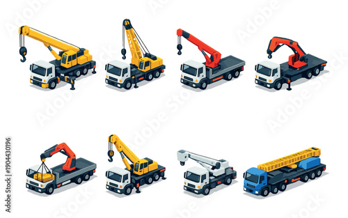 Collection of colorful construction cranes and trucks in various styles