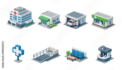 Isometric medical icons set: hospital, ambulance, pharmacy, and more