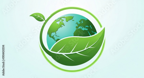 Eco friendly earth logo with green leaves and blue globe symbolizing environmental conservation and sustainability in a simple modern design