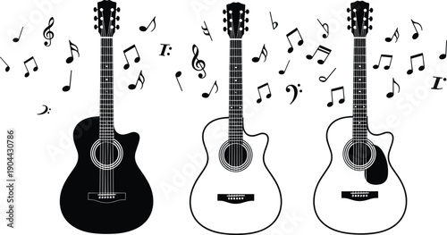 Acoustic Guitar Illustration Set Featuring Three Different Guitar Styles Surrounded By Flying Musical Notes And Symbols For Music Education Concert Promotion And Creative Design