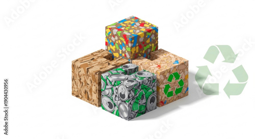 Recyclable cardboard boxes with colorful packaging materials and recycling symbol promoting eco friendly practices and sustainability in waste management