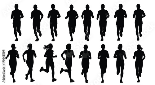 Collection of male and female running silhouettes in various action poses for fitness design