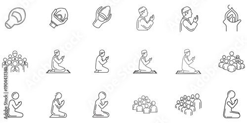 Islamic prayer icons and symbols representing devotion and community worship