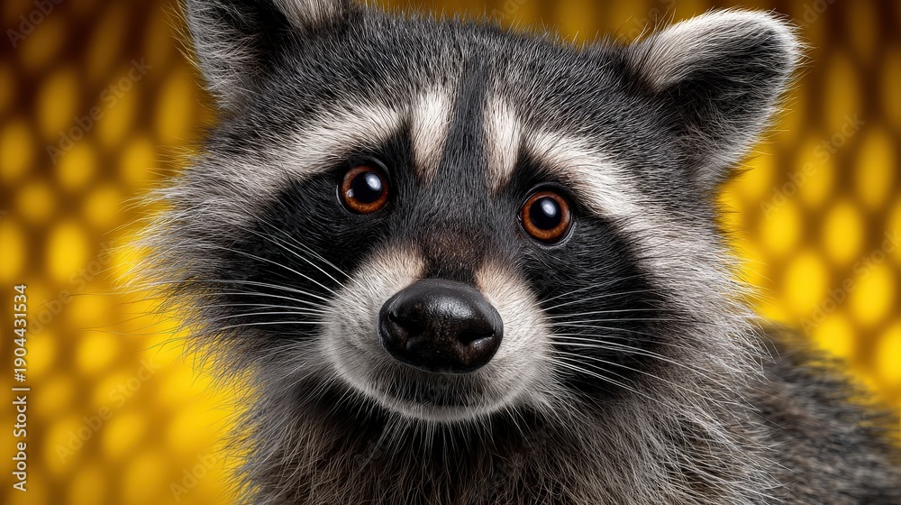 Obraz premium Cute Raccoon Face Close-up Portrait on Vibrant Yellow Background