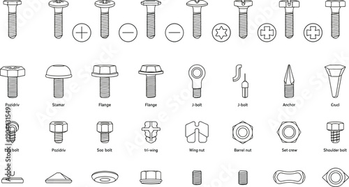 Fastener hardware icon set with bolts screws nuts tools symbols outline vector collection for construction web ui