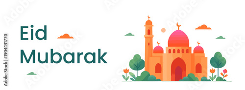 Celebrating Eid Mubarak with vibrant illustration of mosque and lush greenery from a front viewpoint