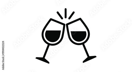 Simple black and white icon illustrating two wine glasses gently clinking together in celebration