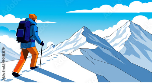 Man Standing on Snowy Peak Looking at Majestic Mountain Landscape