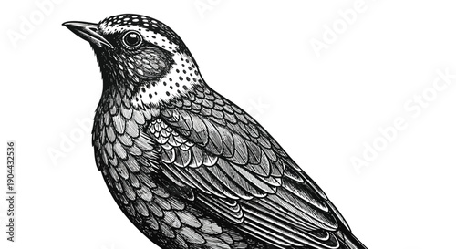 Detailed black and white ink illustration of a speckled songbird perched against a stark white background