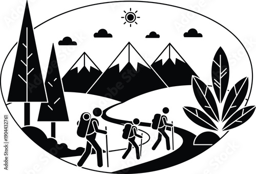 Mountain landscape with family hiking on trail with backpacks and trekking poles under sunny sky in oval frame by flavector
