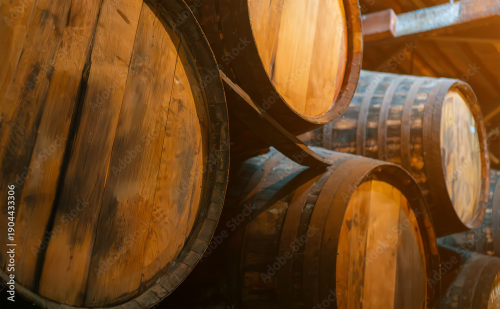 Obraz premium Rows of wooden oak barrels in a wine cellar.