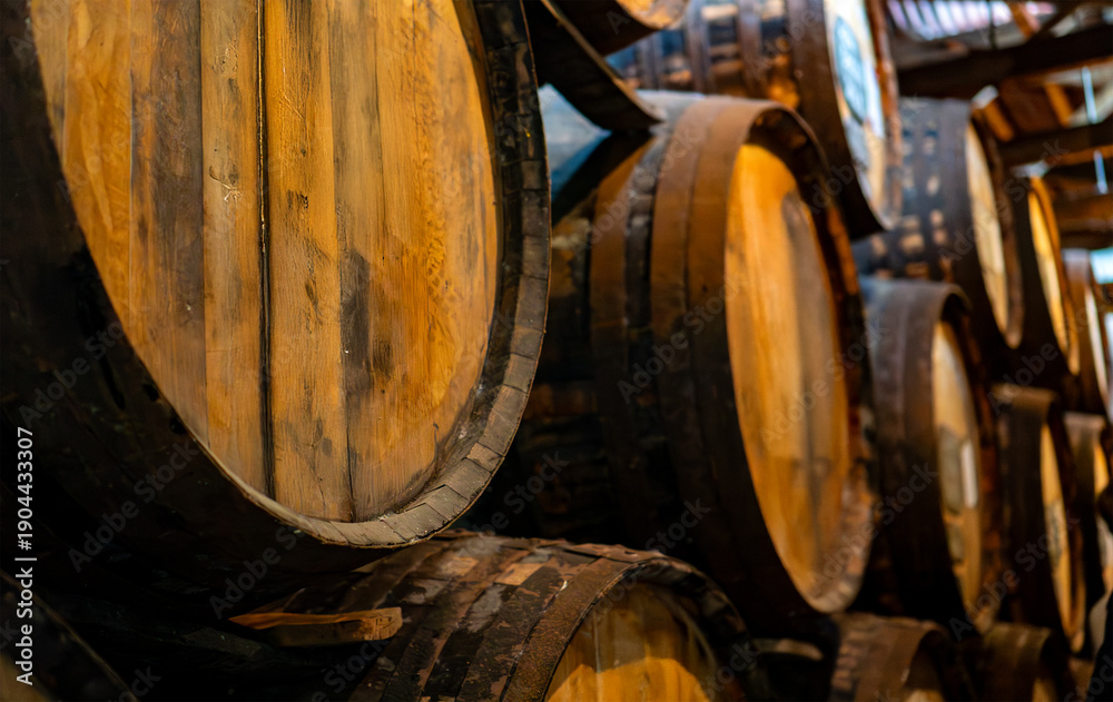 Obraz premium Rows of wooden oak barrels in a wine cellar.