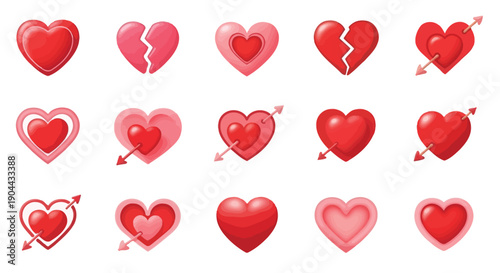 Collection of varied three dimensional red and pink heart icons symbolizing love romance and affection