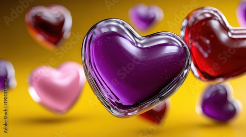 Valentine's Day Romantic 3D Glass Hearts on Yellow Background