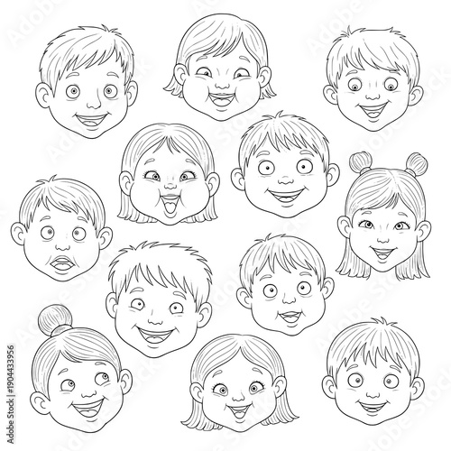 Funny comic kids face doodles vector collection with freehand pencil sketch portraits