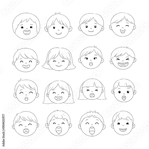 Hand drawn kids face expressions vector set with cute freehand pencil doodle portraits