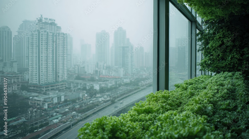 Naklejka premium Urban balcony greenery framing window cityscape lush planters on right, blurred highrise skyline beyond glass, overcast morning mist, tranquil sustainable urban farm corner, serves as backdrop