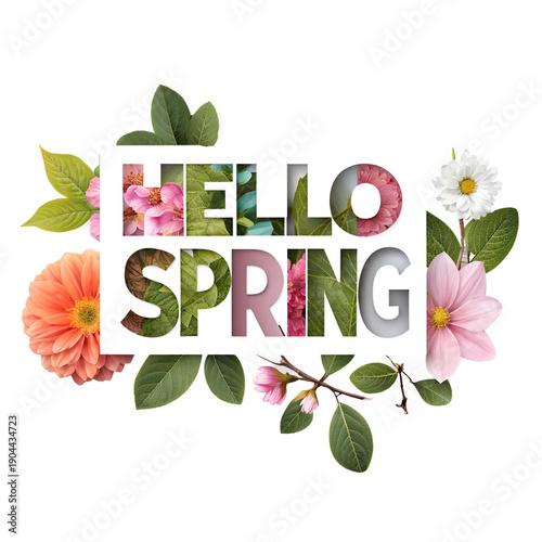 Modern Flat Lay Spring Concept with Floral Decoration and White Paper Art