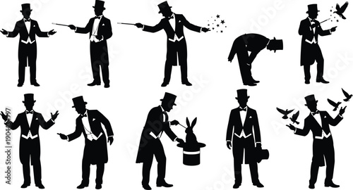 Professional Magician Silhouette Set Featuring Illusionist Performing Magic Tricks With Wand Top Hat Rabbit And Birds For Circus Entertainment Show And Stage Performance Design
