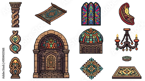 Pixel art medieval architecture and decor elements with stained glass and tapestry