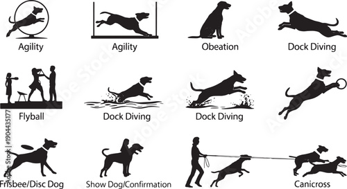 Dog sports and activities icons with silhouettes and titles