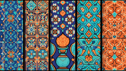 Colorful ornamental tiles with floral and geometric patterns in mosaic style