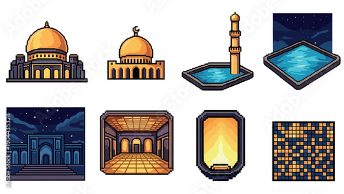 Pixel art mosque elements: domes, minaret, courtyard, and night sky scenes