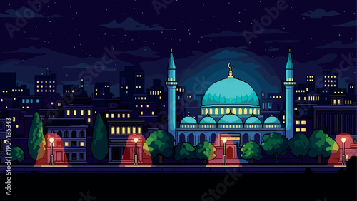 Nighttime mosque scene with glowing dome and starry sky in pixel art style