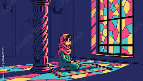 Vibrant pixel art: meditative moment in colorful mosque