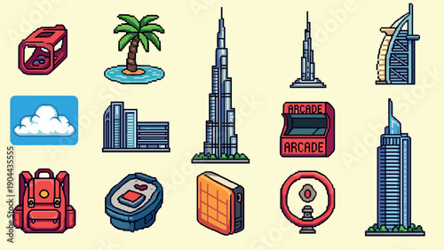 Pixel art icons: dubai landmarks, palm tree, arcade, and technology gadgets