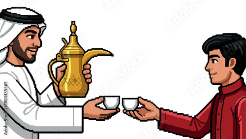 Cultural exchange: pixel art of traditional arabic coffee sharing
