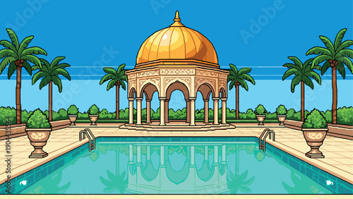 Elegant golden dome pavilion with reflective pool and palm trees in a cartoon style