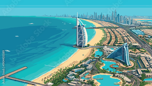 Retro pixel art vibrant coastal cityscape with futuristic skylines and iconic architecture