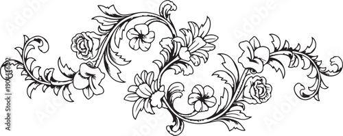 Black Silhouette of Roses and Ornate Leaves, Vintage Floral Scrollwork for Elegant Romantic Designs