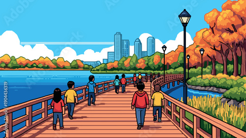 Pixel art autumn scene with people on wooden path by lake and cityscape