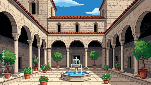 Medieval courtyard with central fountain and arched walkways in pixel art style