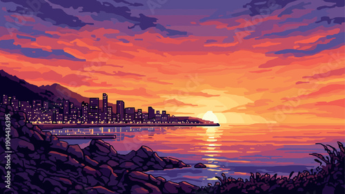 Vibrant pixel art sunset over coastal cityscape