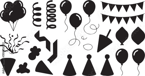 Black Silhouette Party Elements: Balloons, Confetti, Hats, and Banners for Festive Celebrations