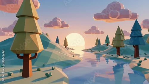 Winter Wonderland Scene with Snowy Trees and River.