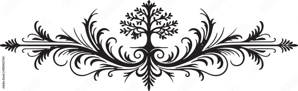 Obraz premium Black Tree of Life Ornament with Vintage Scroll Border for Nature-Inspired Designs.