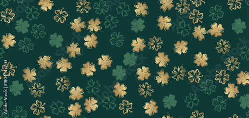Patricks Day, Gold Clover pattern on green, hand drawn illustrations.	
