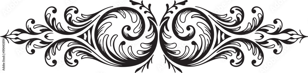 Obraz premium Elaborate Black Filigree Ornament with Symmetrical Swirls and Floral Elements, Decorative Divider.