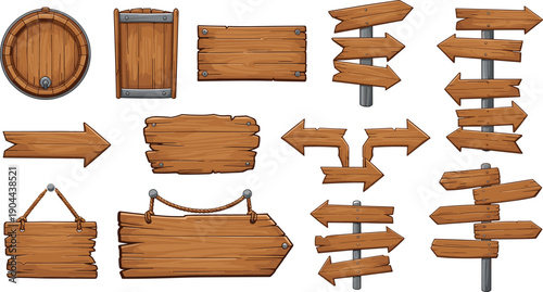 Set of rustic wooden signboards and directional arrows icons including hanging wood planks signposts and banner elements for western game and country design